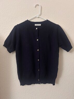 Navy Knit Cardigan Top Heart Buttons Short Sleeve Women One Size